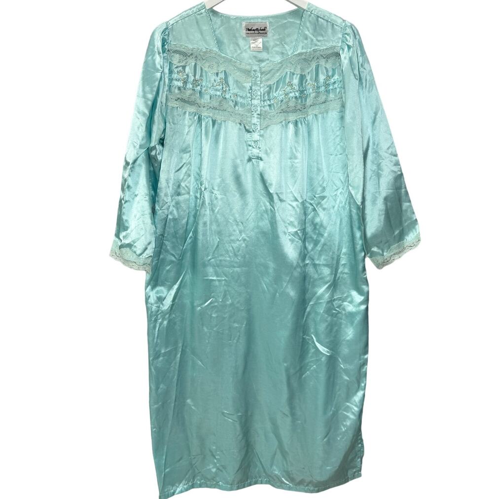 Anthony Richards Size MP Long Sleeve Nightgown Teal Blue Satin Brushed Floral